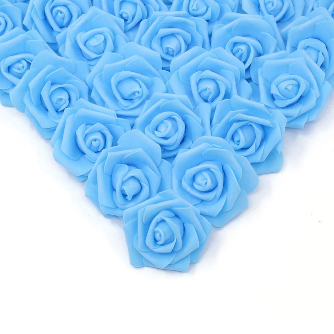 Artificial Rose Flower Heads 100 Pcs Real Looking Sky Blue Foam Fake Roses for DIY Wedding Baby Shower Centerpieces Arrangements Party Tables Home Decorations Sky Blue Stemless
