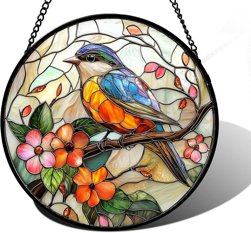DASTOLL Stained Glass Window Hanging, Blue Bird Pink Flower Suncatcher Diamond Glass Panel Bird Sun Catchers Decor for Birthday for Women, Men, Wife, Aunt, and Mom 9.8 in - Image 1