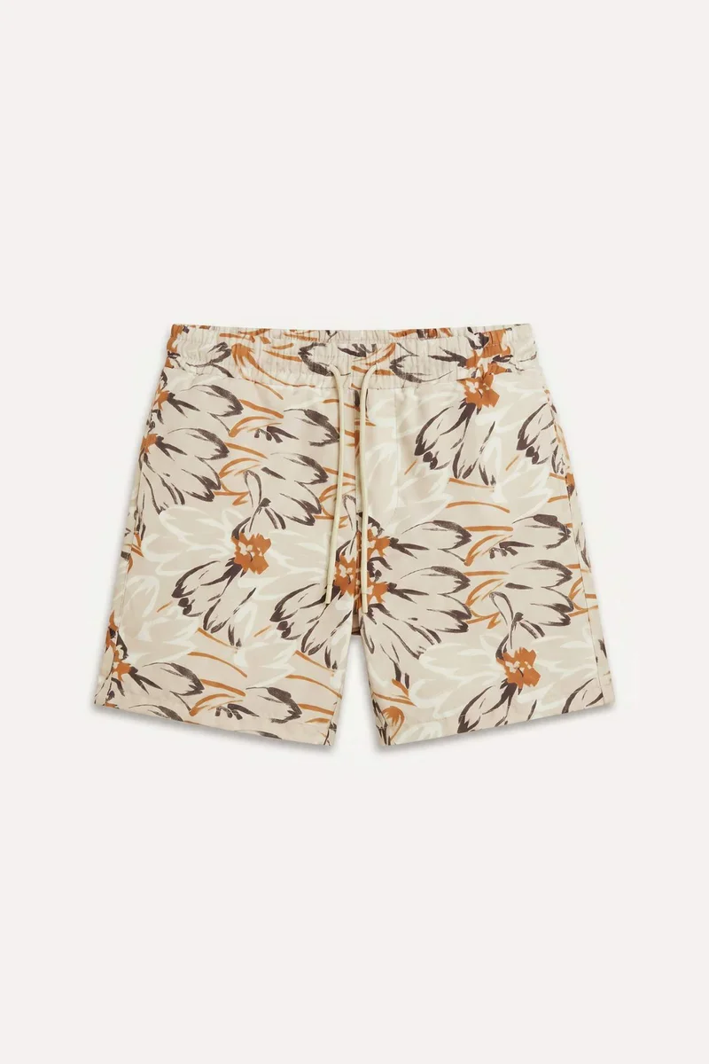 Elastic Waist Patterned Beige Swim Shorts