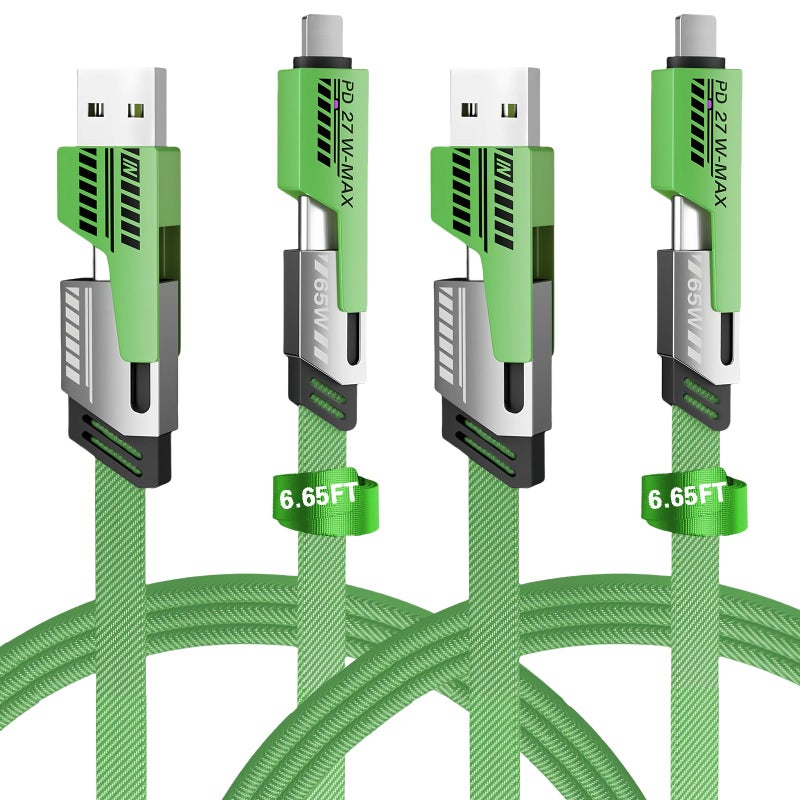 Gartmost 2Pack 4 in 1 Fast Charging Cable, Transferring Data, 6.65 Ft, Braided Cable 65W, USB C USB A and IP, Multiple Charging Cable Compatible with iPhone 17/16/15/14/13/12/11/X/9/8, Pad/More (Green) - Image 1