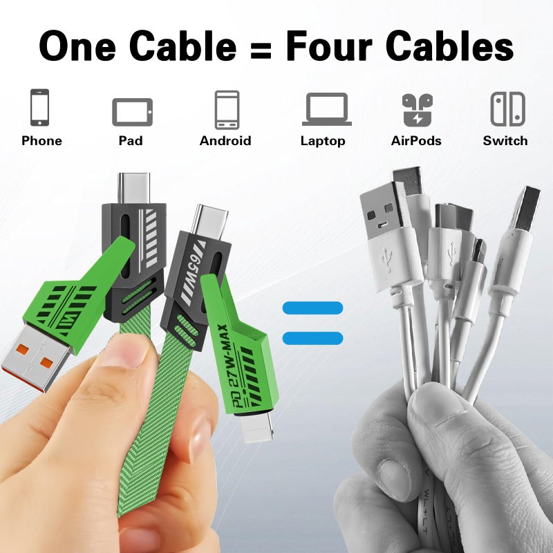 Gartmost 2Pack 4 in 1 Fast Charging Cable, Transferring Data, 6.65 Ft, Braided Cable 65W, USB C USB A and IP, Multiple Charging Cable Compatible with iPhone 17/16/15/14/13/12/11/X/9/8, Pad/More (Green) - Image 3