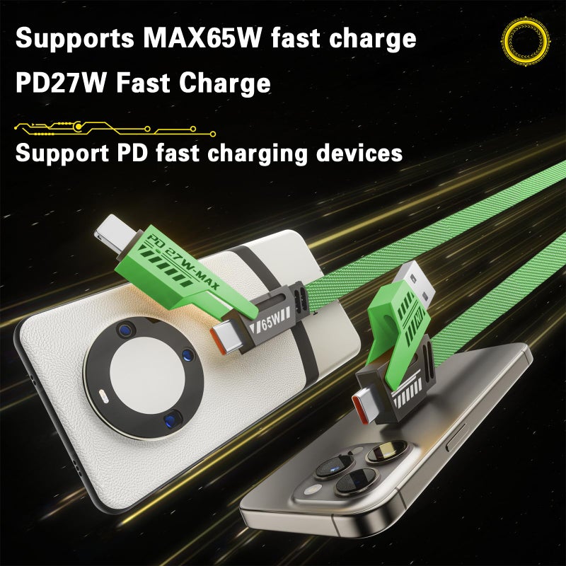 Gartmost 2Pack 4 in 1 Fast Charging Cable, Transferring Data, 6.65 Ft, Braided Cable 65W, USB C USB A and IP, Multiple Charging Cable Compatible with iPhone 17/16/15/14/13/12/11/X/9/8, Pad/More (Green) - Image 4