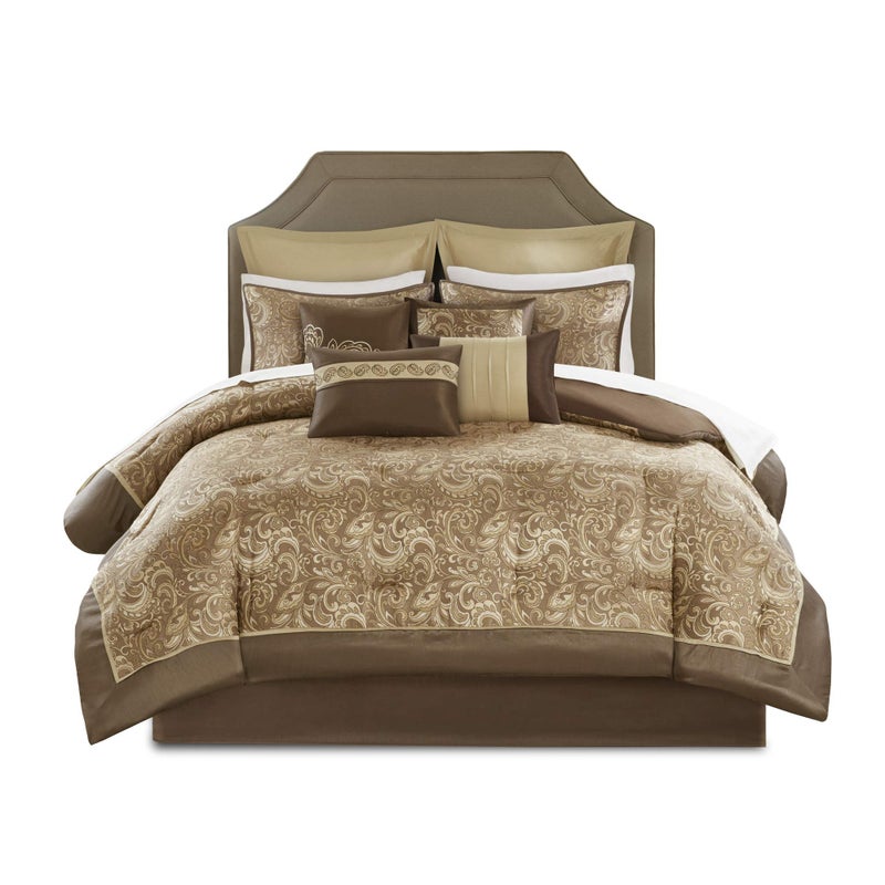 madison park Madison Park Essentials Brystol 24 Piece Room in a Bag Faux Silk Comforter Jacquard Paisley Design Matching Curtains Down Alternative Hypoallergenic All Season BeddingSet Cal King104x92 Brown 