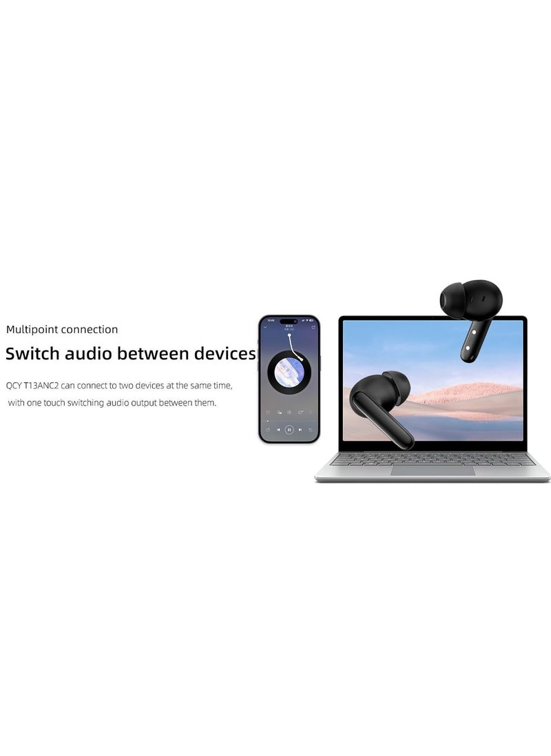 QCY T13 ANC 2 Truly Wireless ANC Earbuds With Noice Cancellation Against 25 km/h of Wind, 30 Hours Long Battery Life, 5.3 Bluetooth Multipoint and Stable Connection and Sensitive Touch Control