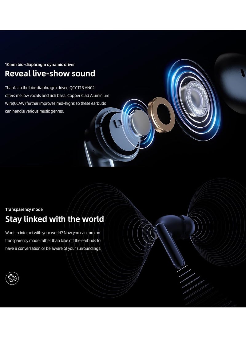 QCY T13 ANC 2 Truly Wireless ANC Earbuds With Noice Cancellation Against 25 km/h of Wind, 30 Hours Long Battery Life, 5.3 Bluetooth Multipoint and Stable Connection and Sensitive Touch Control