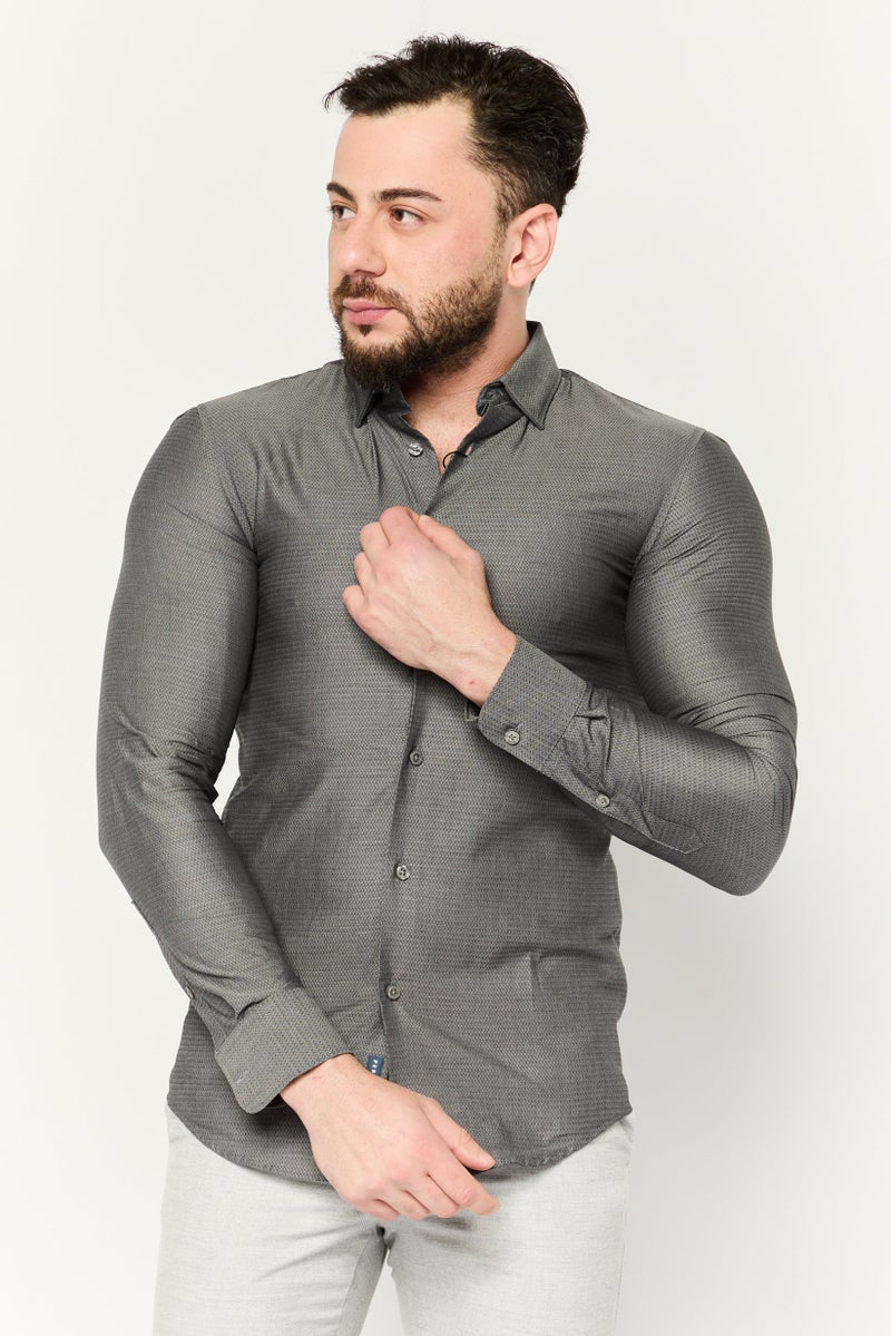 PERRY ELLIS Men Slim Fit Allover Print Long Sleeves Casual Shirt, Grey - Image 1