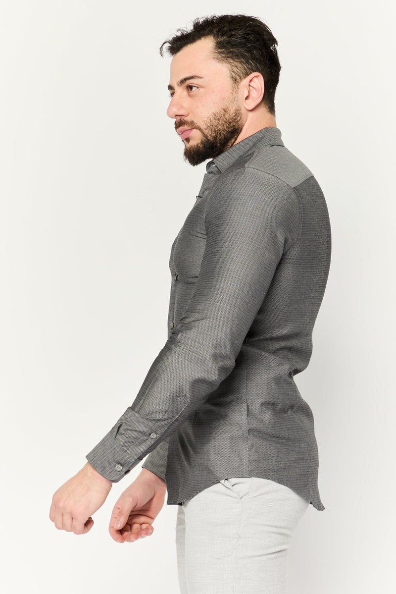 PERRY ELLIS Men Slim Fit Allover Print Long Sleeves Casual Shirt, Grey - Image 3