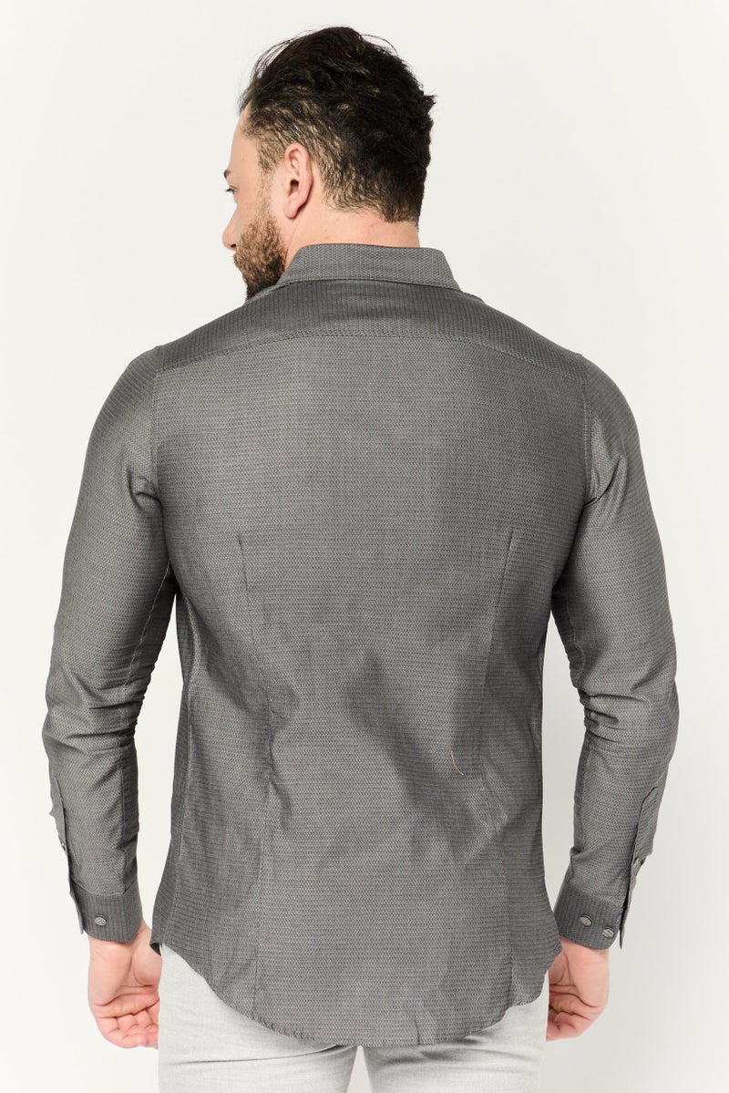 PERRY ELLIS Men Slim Fit Allover Print Long Sleeves Casual Shirt, Grey - Image 4