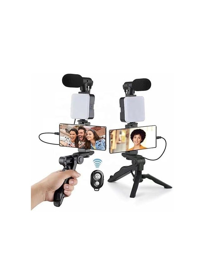 مجموعة ستوديو تصوير الفيديو احترافي للهواتف بريميوم الذكية والكاميرا مع ميكروفون واضاءة LED ومجموعة المبتدئين متوافقة مع يوتيوب تيك توك لصانعي المحتوى - Image 1