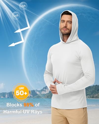 Boladeci Mens Rash Guard Long Sleeve Sun Protection Shirts with Hood UPF Hoodie Lightweight Quick Dry Fit Summer SPF Fishing Gear White XL - Image 3