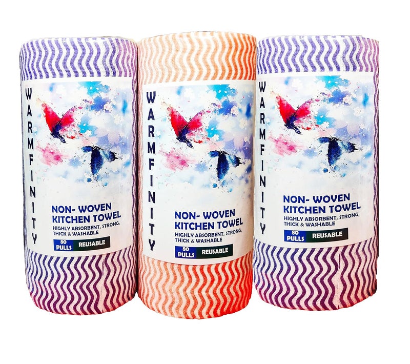 Warmfinity Pack of 3 Multipurpose Kitchen Roll Washable & Quick-Dry Non-Woven cloth, Super Absorbent Reusable Tissue Roll 80 Pulls in each roll - Image 1