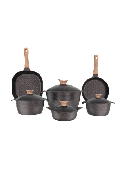 Black Titanium Granite Pot Set with Wooden Handle 14 Pcs