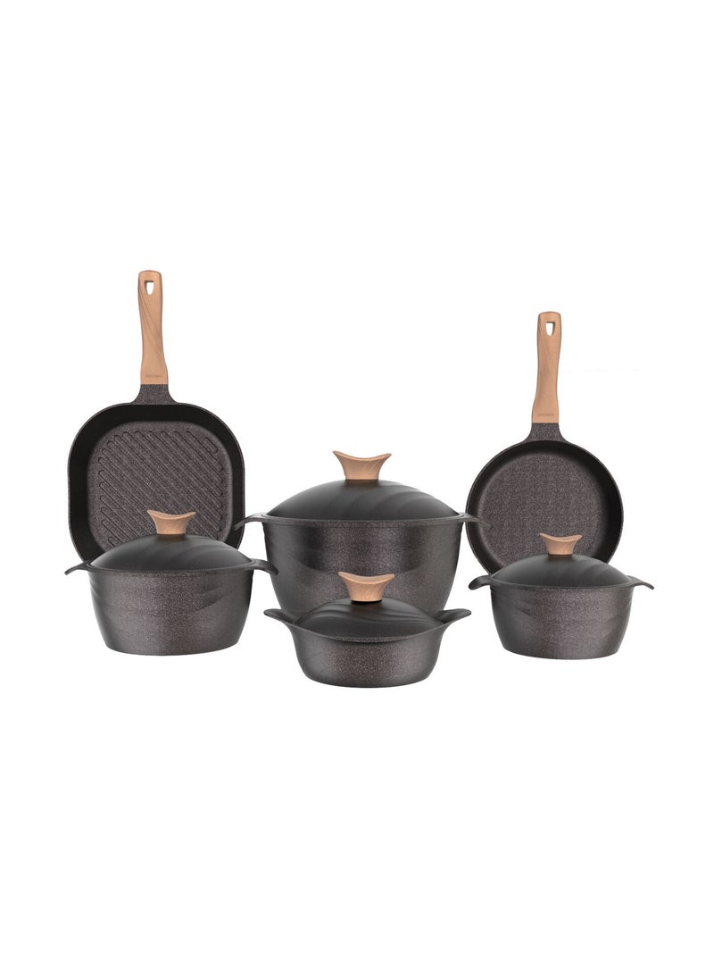 Alsaif Gallery - Black Titanium Granite Pot Set with Wooden Handle 14 Pcs - Image 1