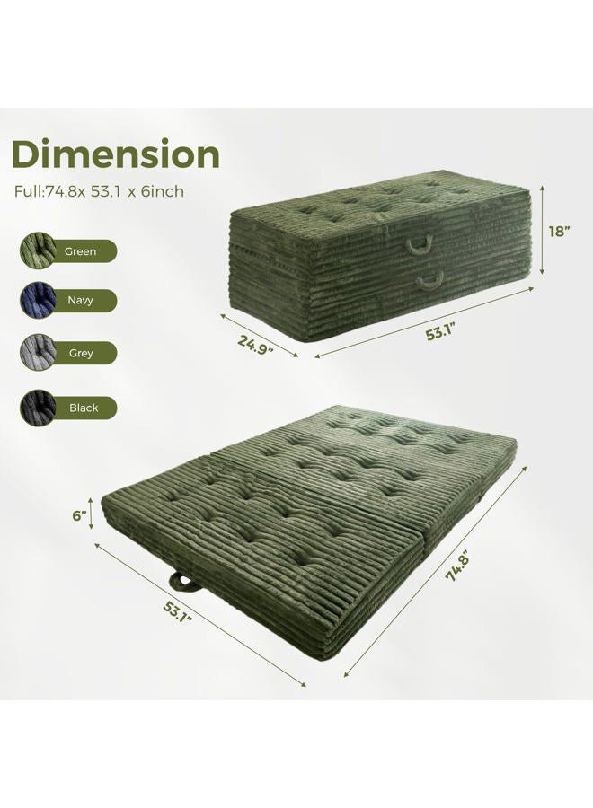 MAXYOYO Folding Mattress with Handles, 6 Inch Tri-Fold Mattress Floor Sofa Bed, Soft Faux Fur Folding Bed with Supportive Foam Filling, Portable Guest Couch for Sleeping, Full, Dark Green - Image 2