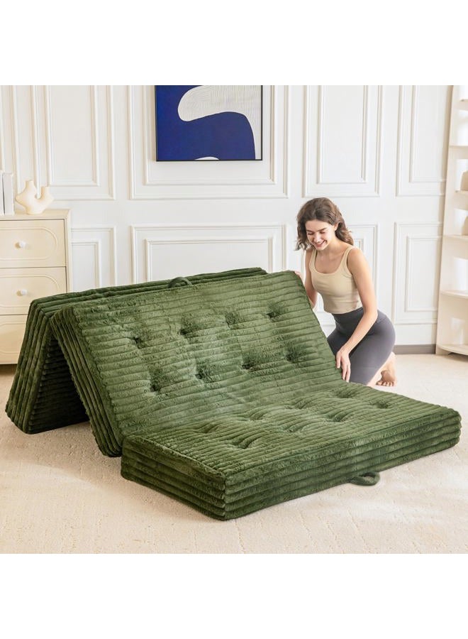 MAXYOYO Folding Mattress with Handles, 6 Inch Tri-Fold Mattress Floor Sofa Bed, Soft Faux Fur Folding Bed with Supportive Foam Filling, Portable Guest Couch for Sleeping, Full, Dark Green - Image 1