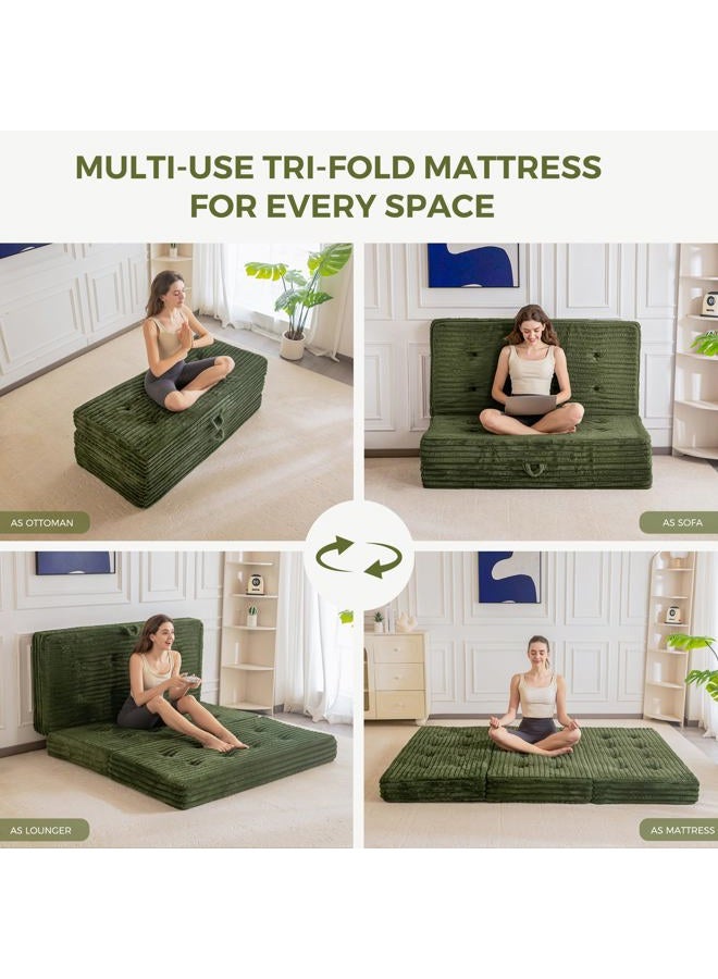MAXYOYO Folding Mattress with Handles, 6 Inch Tri-Fold Mattress Floor Sofa Bed, Soft Faux Fur Folding Bed with Supportive Foam Filling, Portable Guest Couch for Sleeping, Full, Dark Green - Image 3