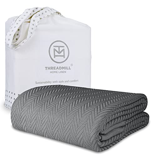 Threadmill Luxury Cotton Blankets for Queen Size Bed  AllSeason 100 Cotton Queen Size Blanket  Herringbone Cozy Soft Breathable Fall Thermal Blanket fits Full Size Bed  Dark Grey
