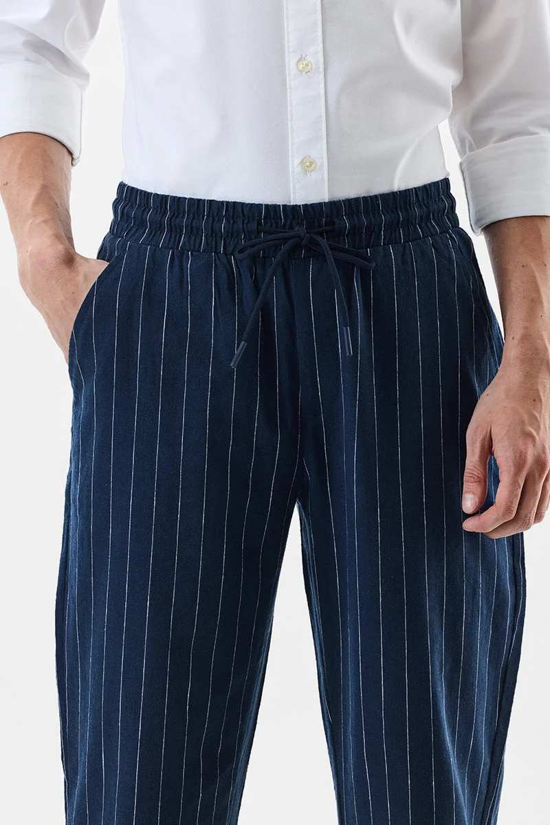 SNITCH Navy Linen Blend Striped Straight Fit Trousers for Men | Best Price UAE