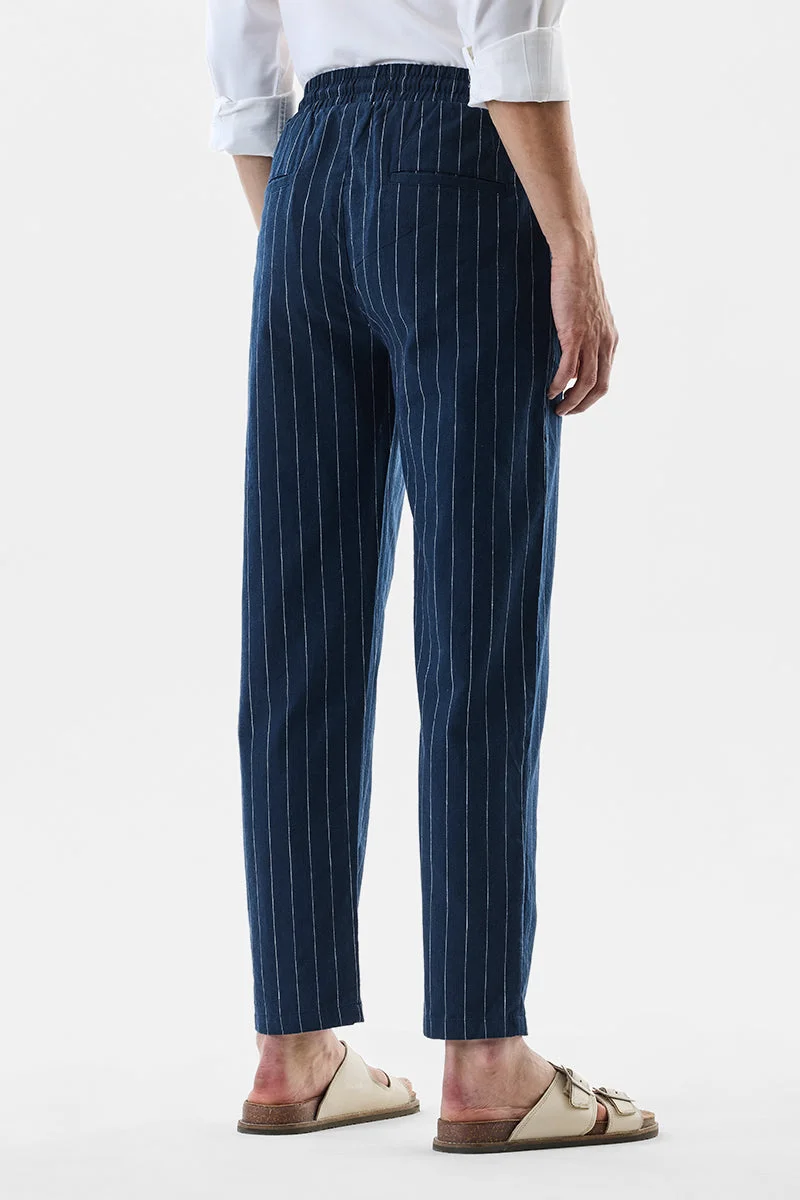 SNITCH Navy Linen Blend Striped Straight Fit Trousers for Men | Best Price UAE