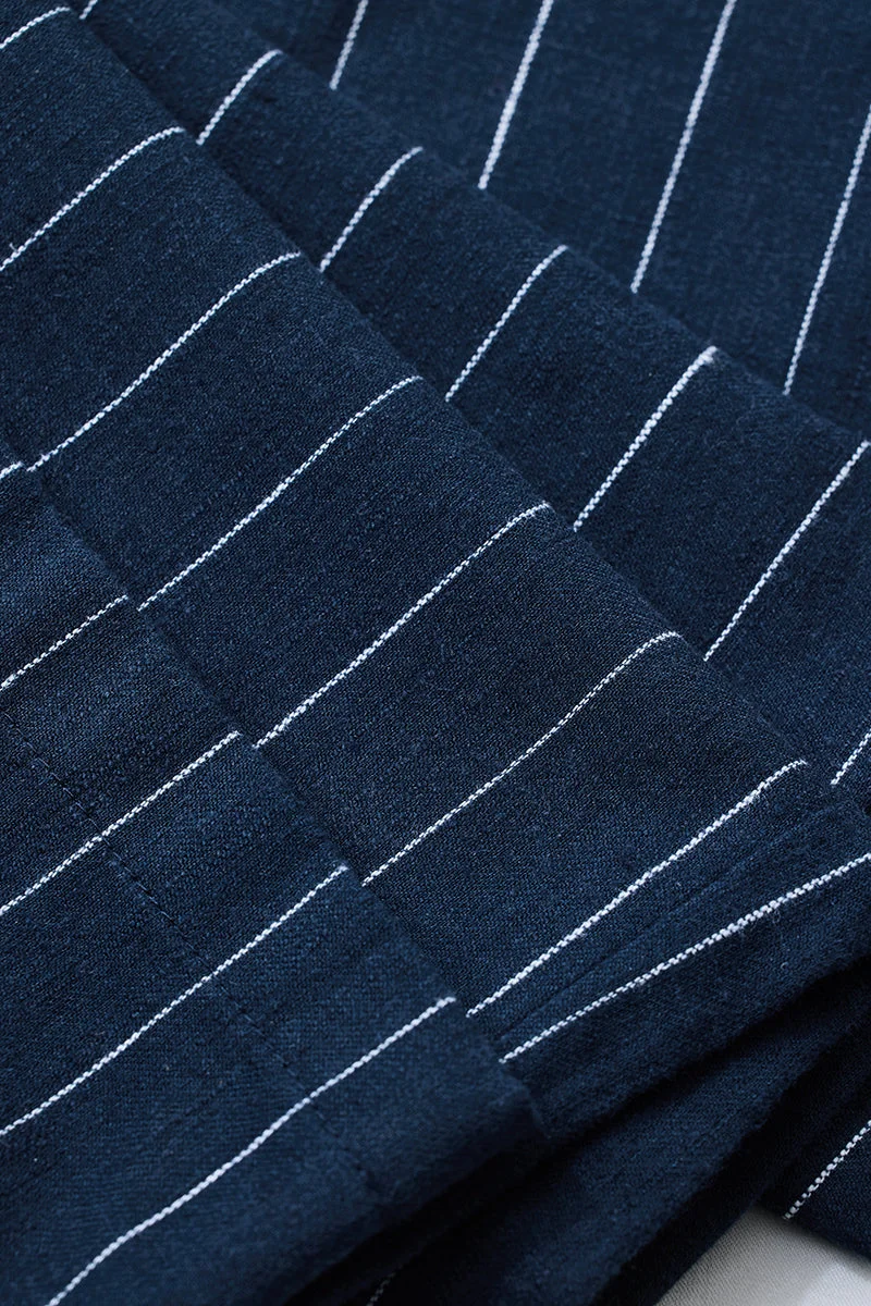 SNITCH Navy Linen Blend Striped Straight Fit Trousers for Men | Best Price UAE