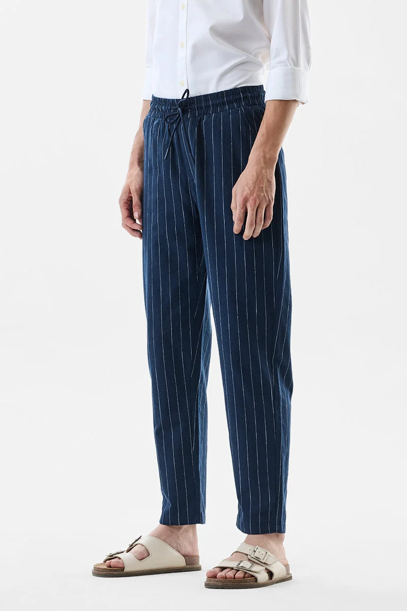 SNITCH Navy Linen Blend Striped Straight Fit Trousers for Men | Best Price UAE