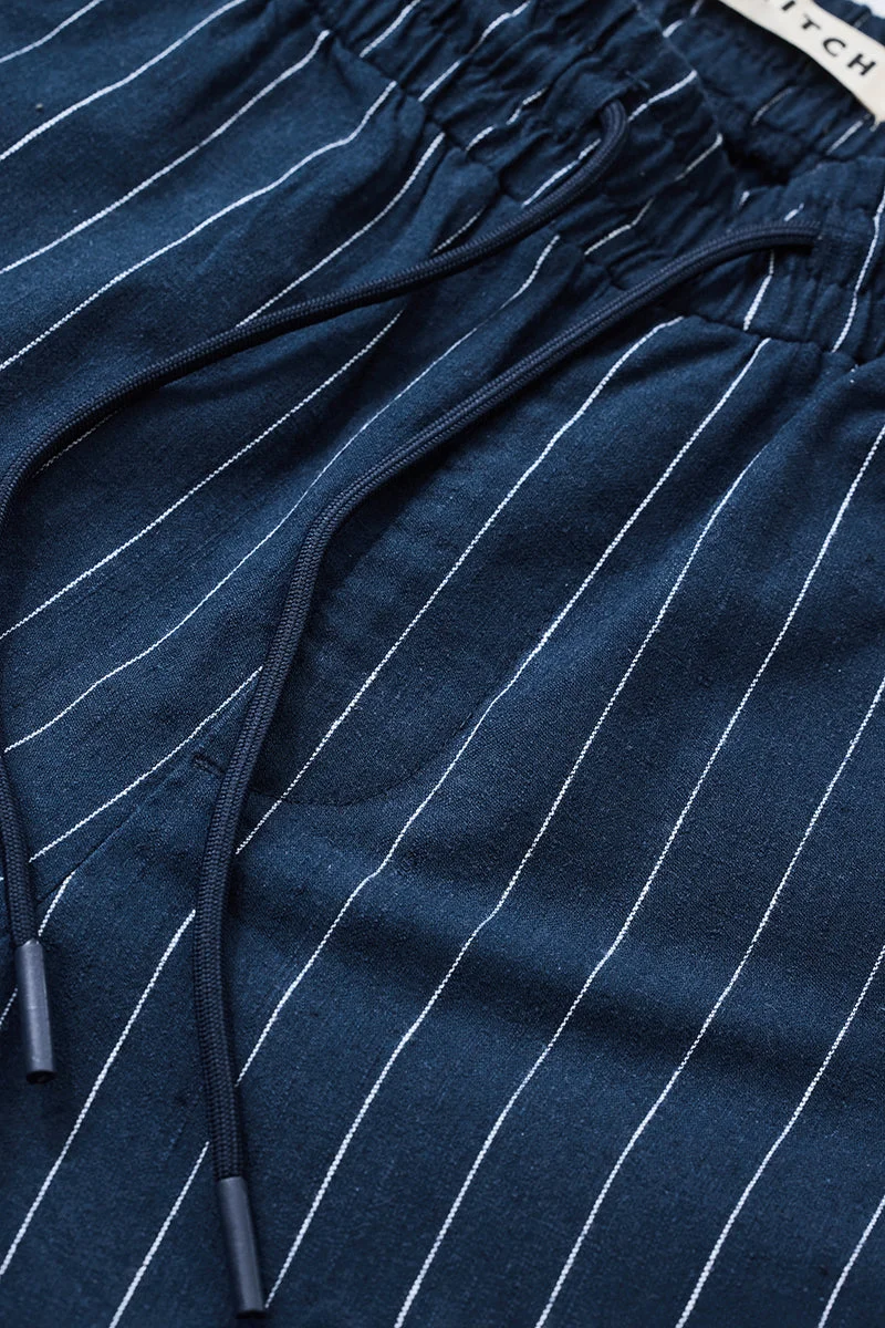 SNITCH Navy Linen Blend Striped Straight Fit Trousers for Men | Best Price UAE