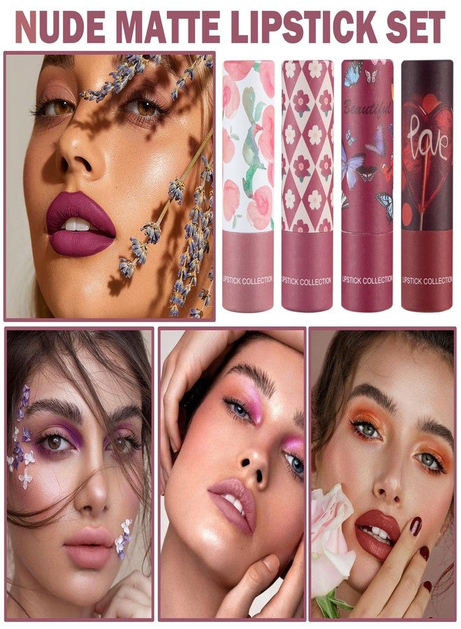 QIUFSSE 4PCS Matte Nude Lipstick Set Natural Moisturizing Red Lipstick Long-lasting Waterproof Lip Stain Velvet Lipstick Set Nude Lip Makeup for Women-03 Pink,06 Rose Bean Paste,07 Fuchsia,08 Dark Red - Image 2