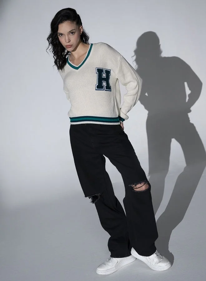 Hubberholme Women's White 100% Acrylic Regular Fit Sweater