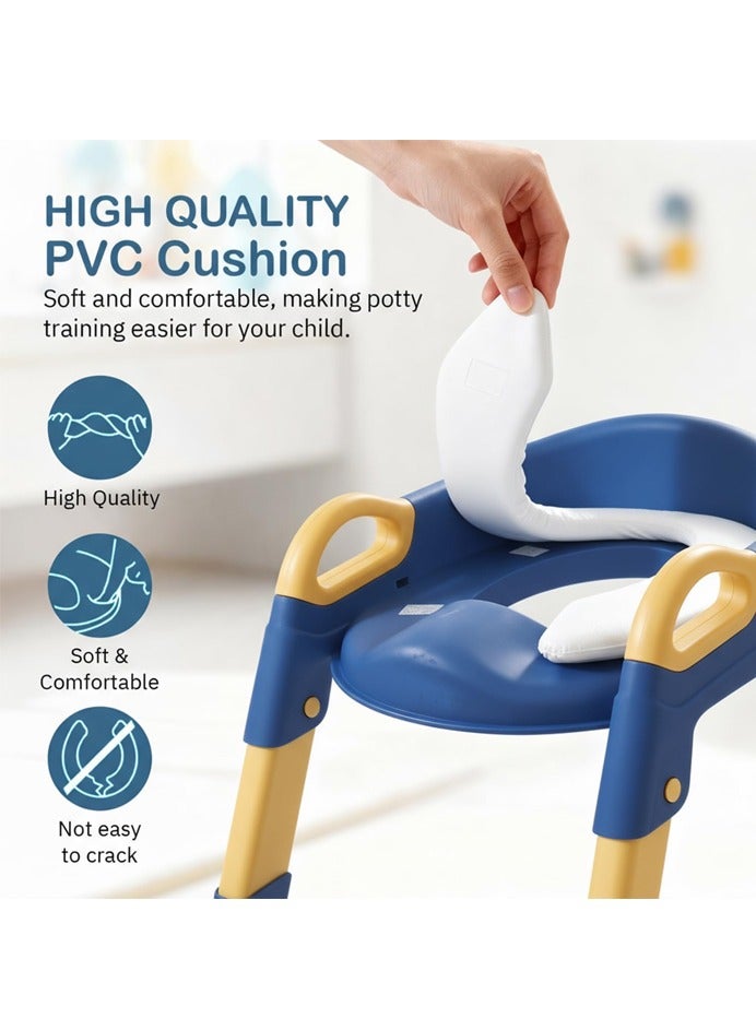 صاروخ فلاير مقعد تدريب المرحاض، مقعد تدريب المرحاض للأطفال مع مقعد درج، كرسي قابل للطي مع مقبض سلم قابل للتعديل على الارتفاع، أبيض مببطن، للرضع والبنات (أزرق) - Image 3