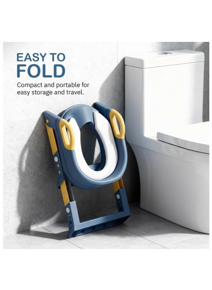 صاروخ فلاير مقعد تدريب المرحاض، مقعد تدريب المرحاض للأطفال مع مقعد درج، كرسي قابل للطي مع مقبض سلم قابل للتعديل على الارتفاع، أبيض مببطن، للرضع والبنات (أزرق) - Image 5