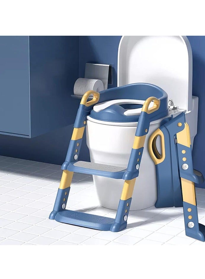 صاروخ فلاير مقعد تدريب المرحاض، مقعد تدريب المرحاض للأطفال مع مقعد درج، كرسي قابل للطي مع مقبض سلم قابل للتعديل على الارتفاع، أبيض مببطن، للرضع والبنات (أزرق) - Image 1