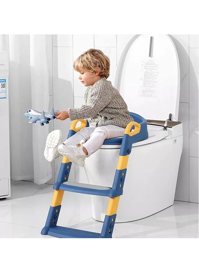 صاروخ فلاير مقعد تدريب المرحاض، مقعد تدريب المرحاض للأطفال مع مقعد درج، كرسي قابل للطي مع مقبض سلم قابل للتعديل على الارتفاع، أبيض مببطن، للرضع والبنات (أزرق) - Image 2