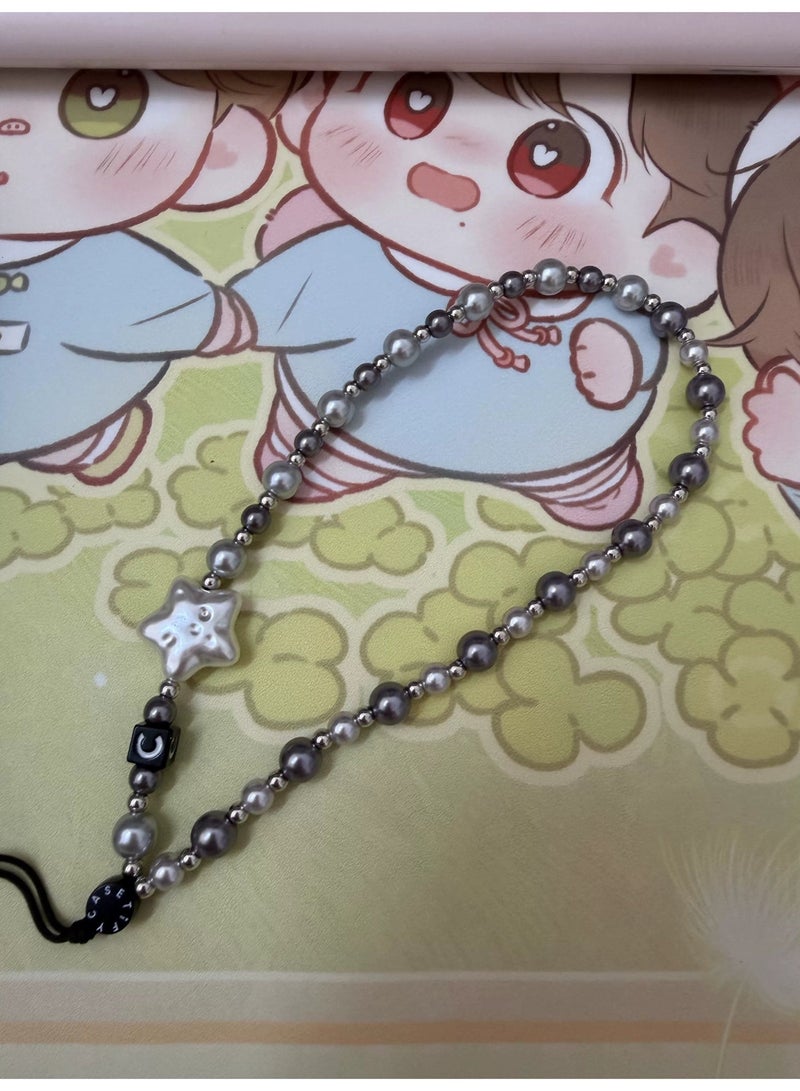 Casetify Silver Grey Pearl Star Phone Charm Strap, Silver Faux Pearl Beaded Wrist Lanyard with Star Ornament, Fashion Minimalist Women Phone Wrist Chain - Image 4