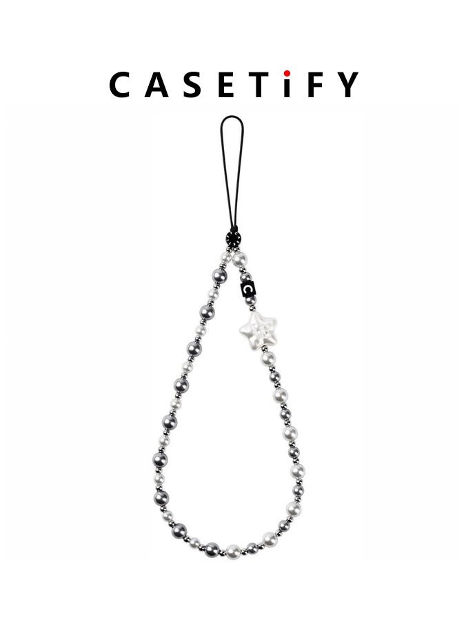 Casetify Silver Grey Pearl Star Phone Charm Strap, Silver Faux Pearl Beaded Wrist Lanyard with Star Ornament, Fashion Minimalist Women Phone Wrist Chain - Image 1