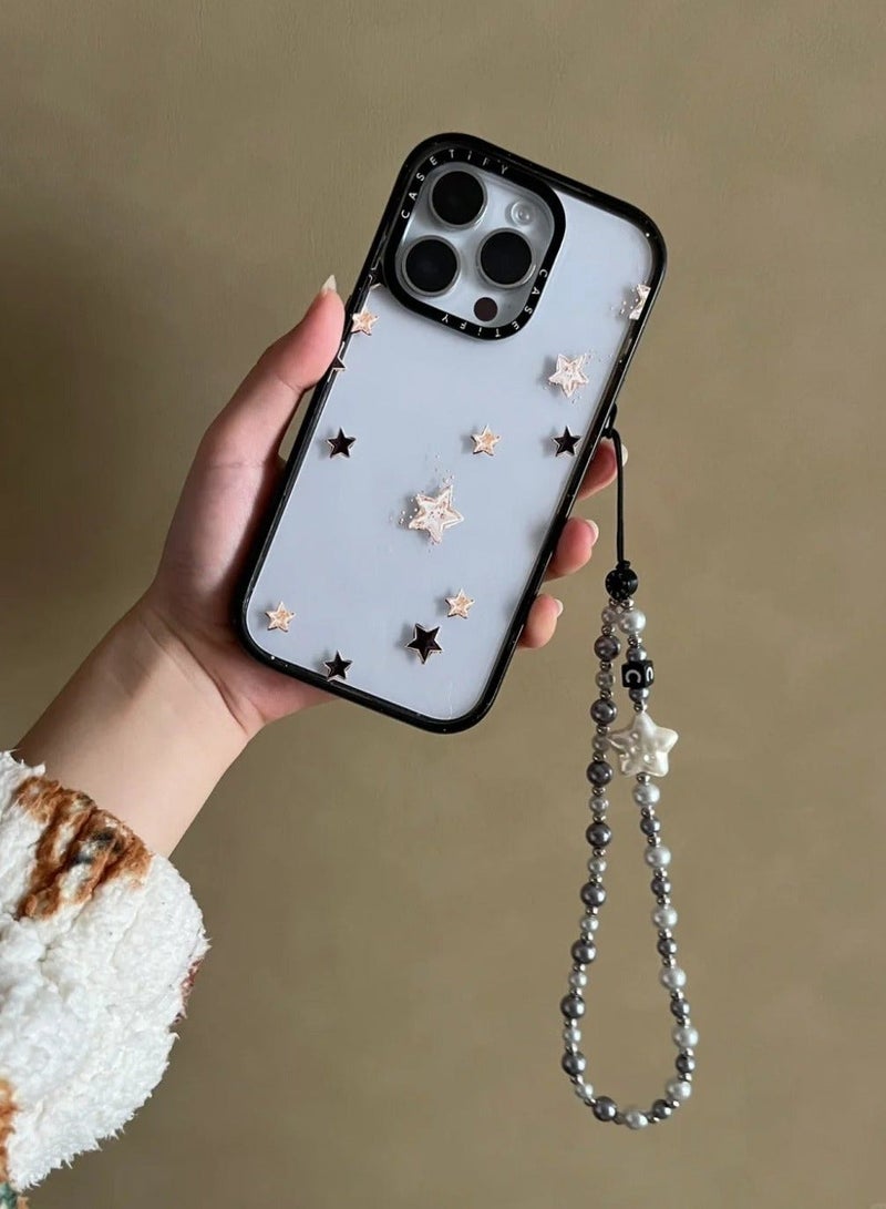 Casetify Silver Grey Pearl Star Phone Charm Strap, Silver Faux Pearl Beaded Wrist Lanyard with Star Ornament, Fashion Minimalist Women Phone Wrist Chain - Image 2