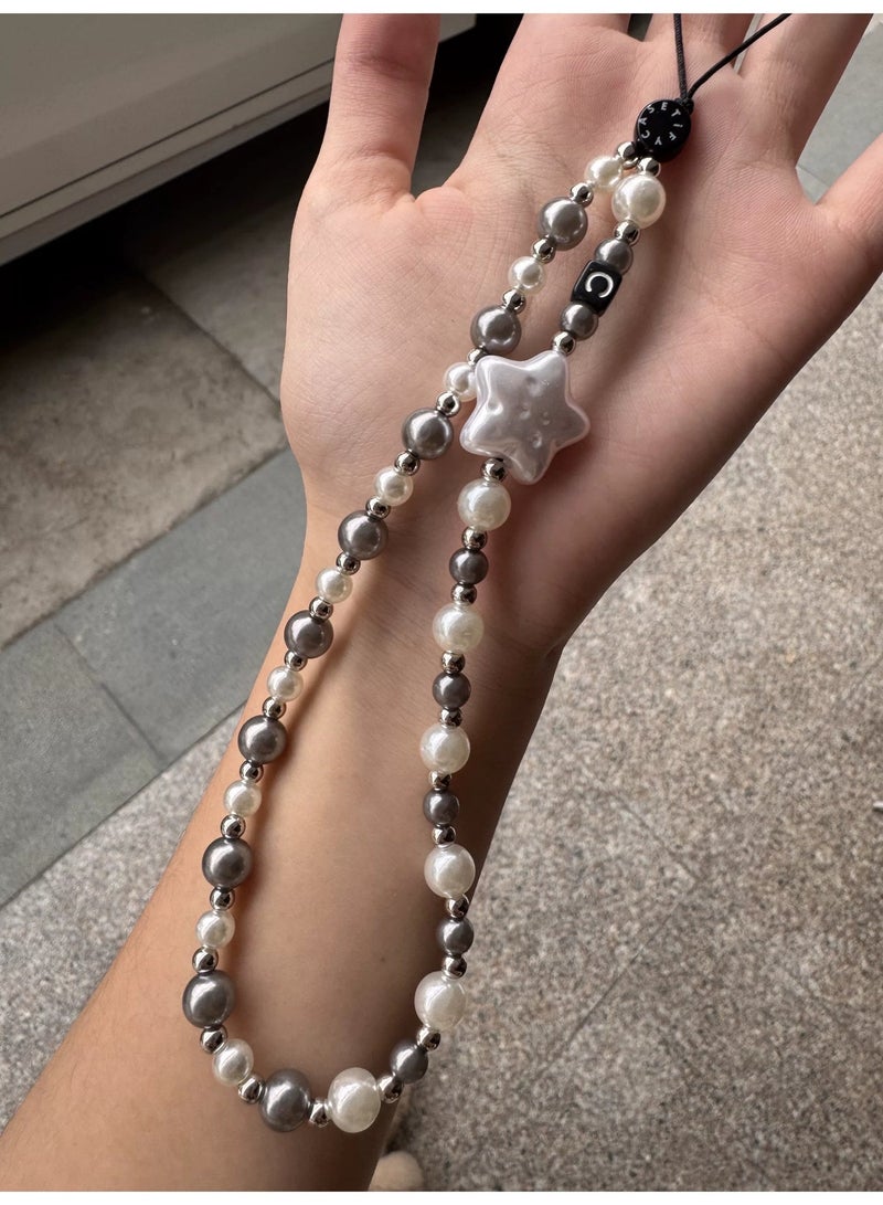 Casetify Silver Grey Pearl Star Phone Charm Strap, Silver Faux Pearl Beaded Wrist Lanyard with Star Ornament, Fashion Minimalist Women Phone Wrist Chain - Image 5