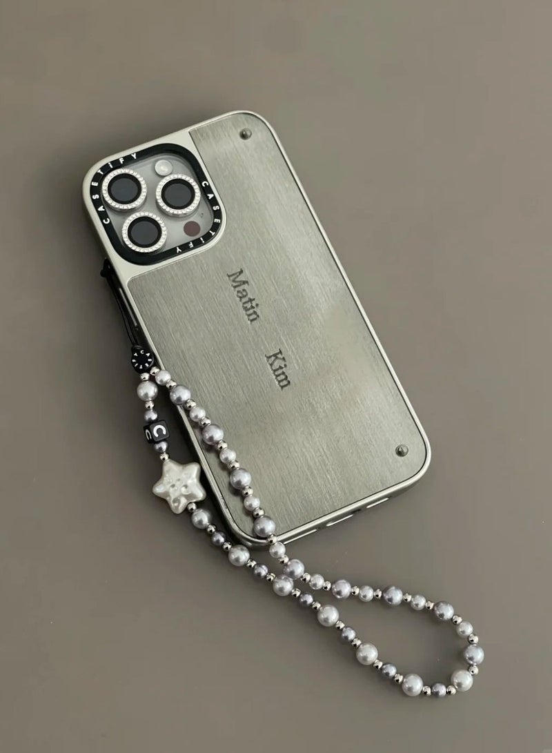 Casetify Silver Grey Pearl Star Phone Charm Strap, Silver Faux Pearl Beaded Wrist Lanyard with Star Ornament, Fashion Minimalist Women Phone Wrist Chain - Image 3