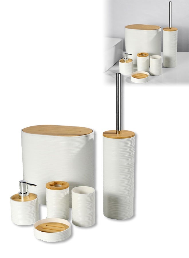 DUNISO 6Pcs Bathroom Accessory Set,Bamboo Bath Ensemble, Sturdy And Durable,with Garbage Can, Soap Dish,Toilet Brush, Mouthwash Cup, Lotion Bottle, Toothbrush Holder,Suitable for Family and Travel Use - Image 1