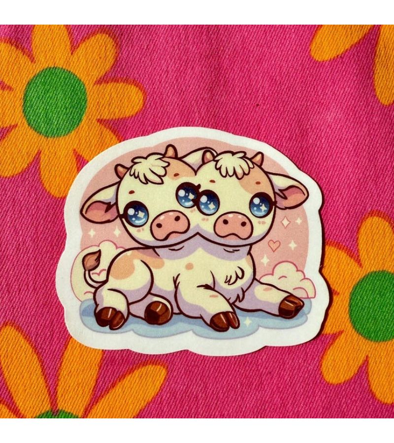 Funny PVC Two Headed Calf Sticker For Water Bottle Laptop - Image 1