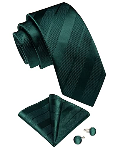 DiBanGu Mens Green Striped Tie Jacquard Woven Necktie with Pocket Square Cufflinks Set Business Wedding - Image 2
