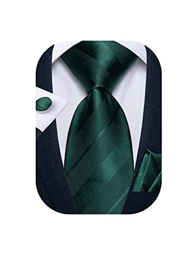 DiBanGu Mens Green Striped Tie Jacquard Woven Necktie with Pocket Square Cufflinks Set Business Wedding - Image 1