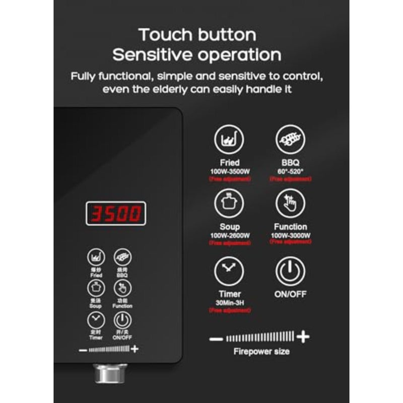 Electric Cooker for kitchen use, ceramic glass surface, black color, 3500W high power with LED digital display, precise temperature control and 3-hour programmable timer - Image 4
