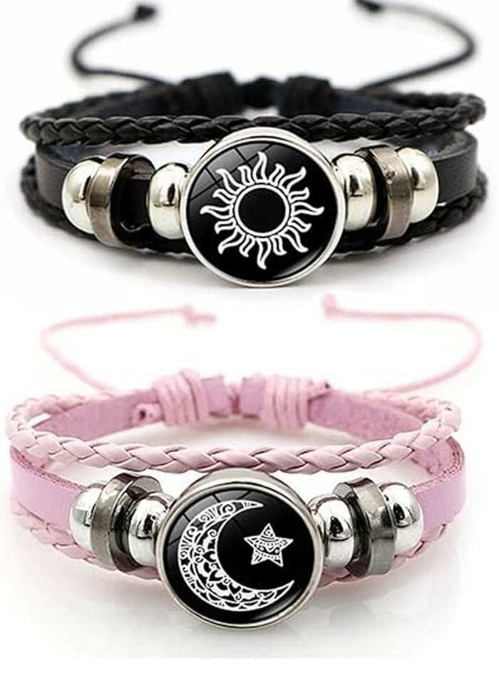 Sun and moon couple bracelet - glow in the dark matching braided leather jewelry for couples, adjustable distance love gift