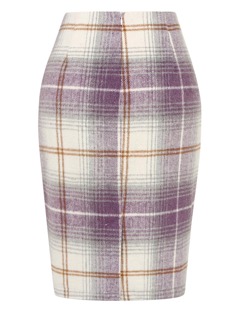 IDEALSANXUN Purple Skirt for Women Fall Fashion 2023 Wool Plaid High Waisted Pencil Bodycon Tweed Midi Skirt with Slit Winter Clothes, Purple, M - Image 3