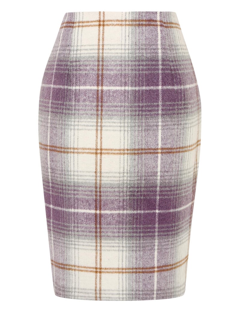 IDEALSANXUN Purple Skirt for Women Fall Fashion 2023 Wool Plaid High Waisted Pencil Bodycon Tweed Midi Skirt with Slit Winter Clothes, Purple, M - Image 1