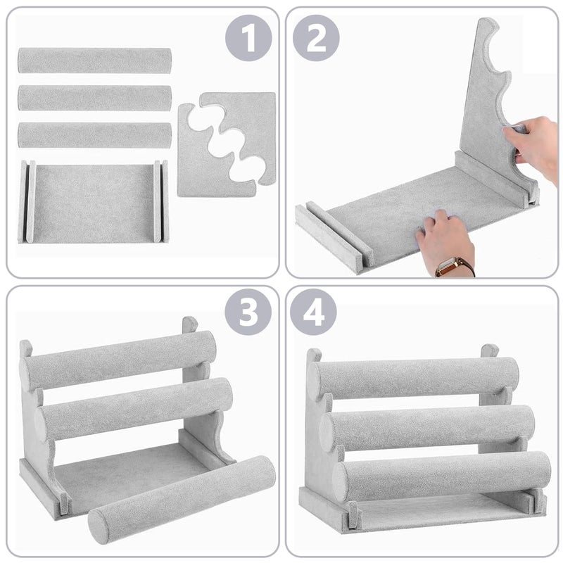 M'AYCREATE حامل سوار منظم 3 طبقات لعرض المجوهرات لساعات وأساور قابل للفك تخزين مكتب من المخمل الرمادي 2 قطع - Image 4