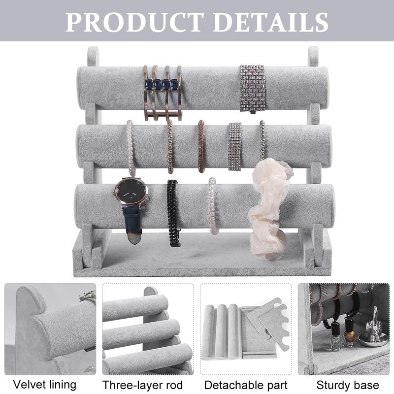 M'AYCREATE حامل سوار منظم 3 طبقات لعرض المجوهرات لساعات وأساور قابل للفك تخزين مكتب من المخمل الرمادي 2 قطع - Image 3