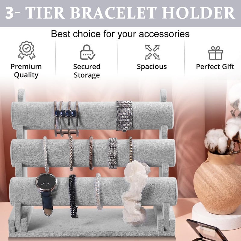 M'AYCREATE حامل سوار منظم 3 طبقات لعرض المجوهرات لساعات وأساور قابل للفك تخزين مكتب من المخمل الرمادي 2 قطع - Image 5