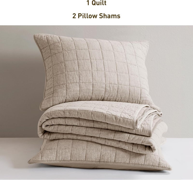 Hyde Lane Luxury Linen Quilt Set Queen Size, Organic European Flax Cotton Blend Bedding for Bedspread and Coverlet, Box Stitched, with 2 Pillow Shams, 90"x96", Linen - Image 5