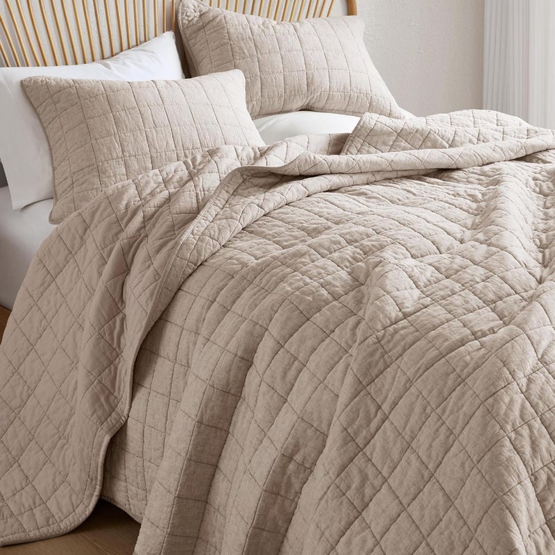 Hyde Lane Luxury Linen Quilt Set Queen Size, Organic European Flax Cotton Blend Bedding for Bedspread and Coverlet, Box Stitched, with 2 Pillow Shams, 90"x96", Linen - Image 1